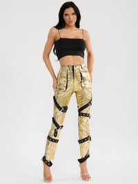 WOMEN'S BUTTON CLOSURE POCKETS SKINNY LEG METALLIC PANTS