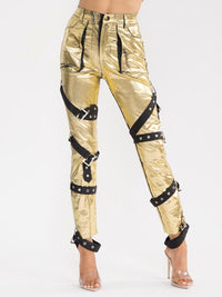 WOMEN'S BUTTON CLOSURE POCKETS SKINNY LEG METALLIC PANTS