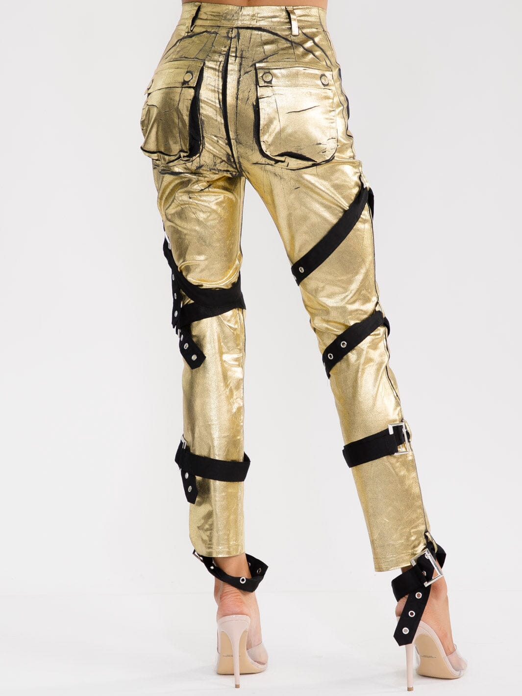 WOMEN'S BUTTON CLOSURE POCKETS SKINNY LEG METALLIC PANTS