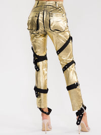WOMEN'S BUTTON CLOSURE POCKETS SKINNY LEG METALLIC PANTS