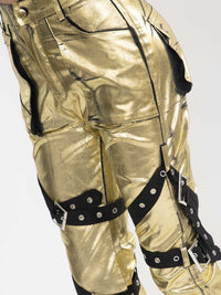 WOMEN'S BUTTON CLOSURE POCKETS SKINNY LEG METALLIC PANTS