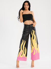 WOMEN'S BUTTON CLOSURE POCKET WIDE LEG PU PLEATHER PANTS