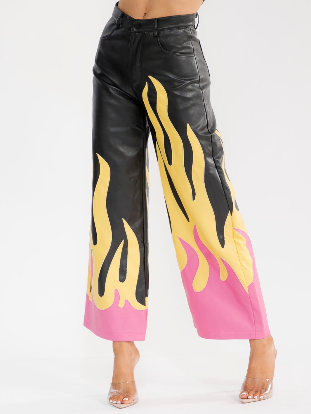 WOMEN'S BUTTON CLOSURE POCKET WIDE LEG PU PLEATHER PANTS