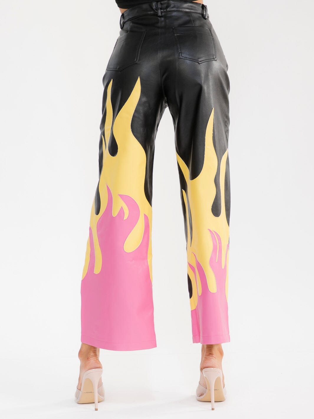 WOMEN'S BUTTON CLOSURE POCKET WIDE LEG PU PLEATHER PANTS