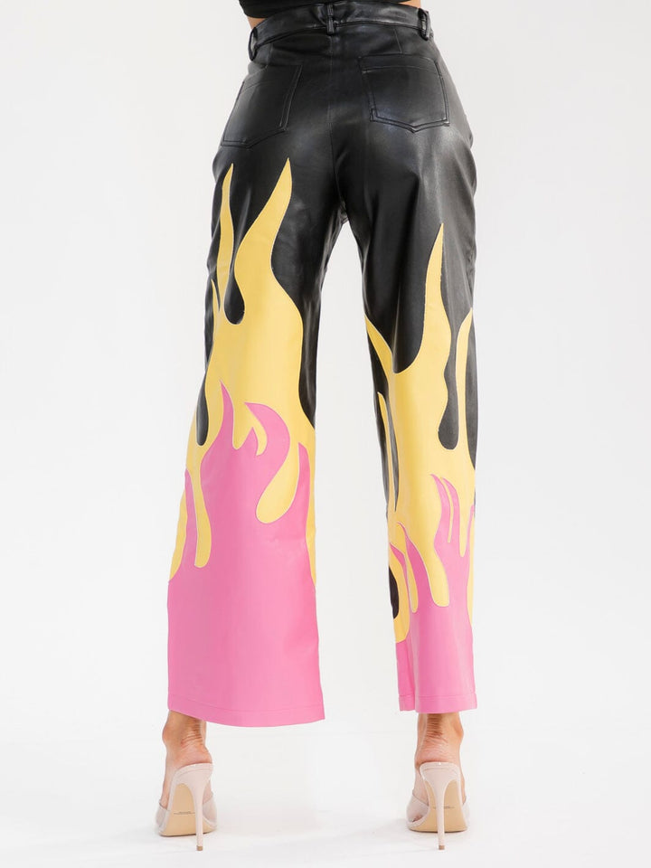 WOMEN'S BUTTON CLOSURE POCKET WIDE LEG PU PLEATHER PANTS