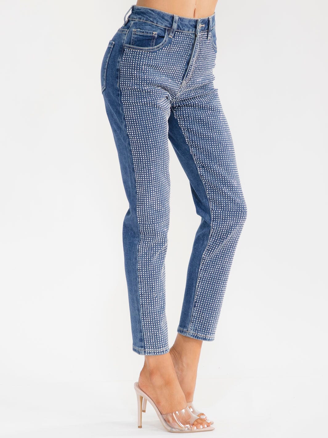 WOMEN'S BUTTON CLOSURE POCKET SKINNY LEG RHINESTONES STRETCH DENIM PANTS