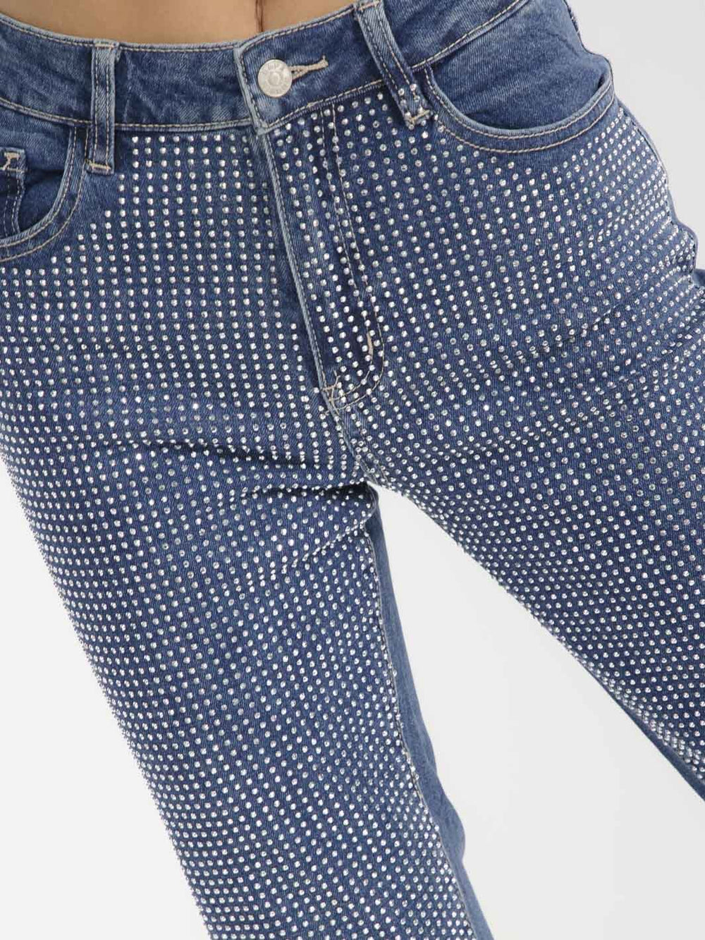WOMEN'S BUTTON CLOSURE POCKET SKINNY LEG RHINESTONES STRETCH DENIM PANTS