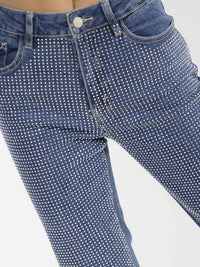 WOMEN'S BUTTON CLOSURE POCKET SKINNY LEG RHINESTONES STRETCH DENIM PANTS