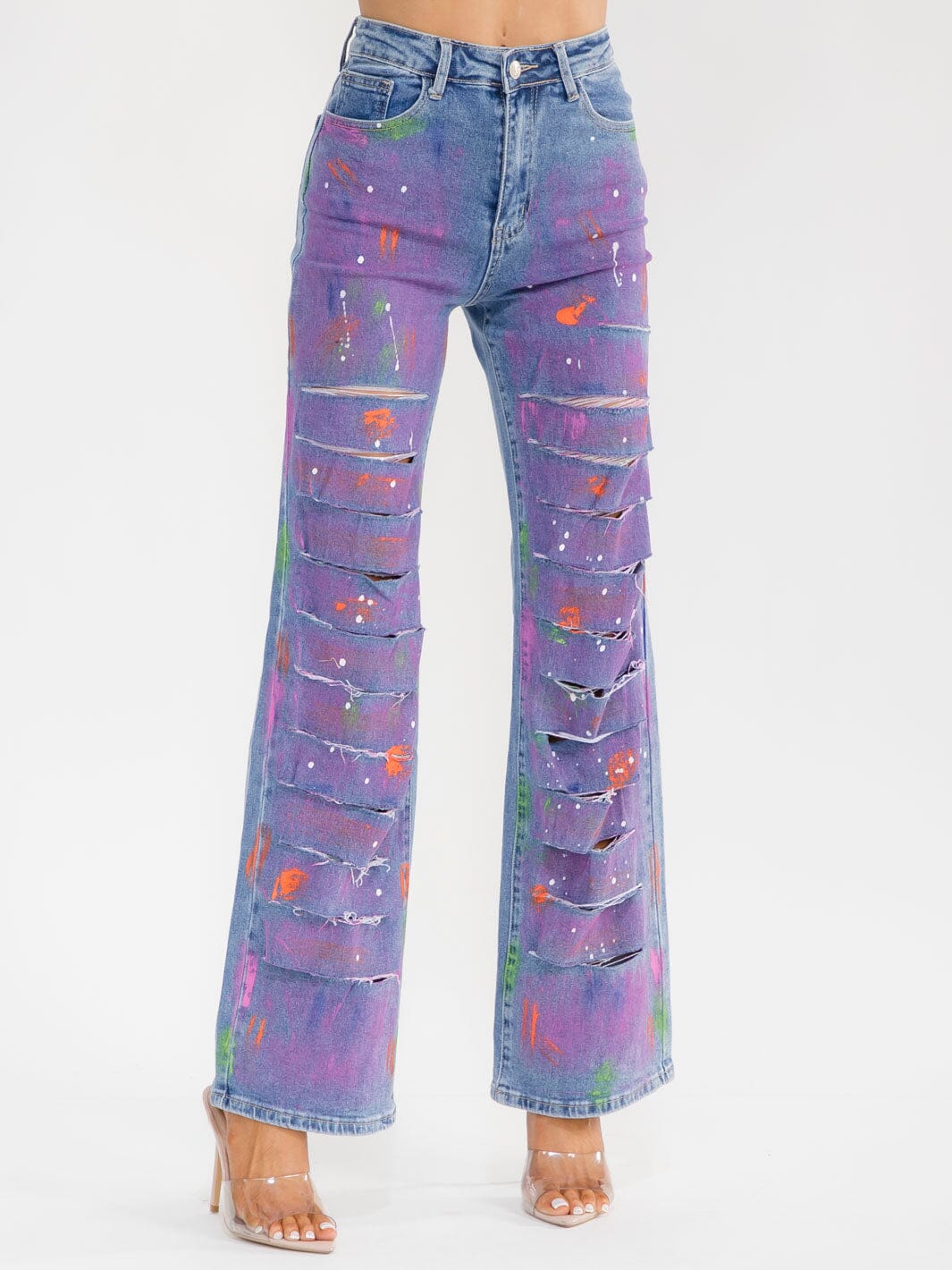 WOMEN'S BUTTON CLOSURE POCKET WIDE LEG MULTI DISTRESS STRETCH DENIM PANTS