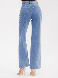 WOMEN'S BUTTON CLOSURE POCKET WIDE LEG MULTI DISTRESS STRETCH DENIM PANTS