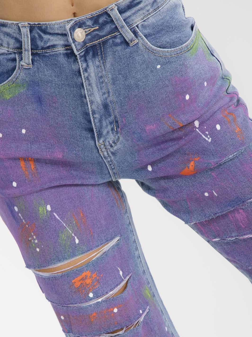WOMEN'S BUTTON CLOSURE POCKET WIDE LEG MULTI DISTRESS STRETCH DENIM PANTS