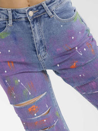 WOMEN'S BUTTON CLOSURE POCKET WIDE LEG MULTI DISTRESS STRETCH DENIM PANTS
