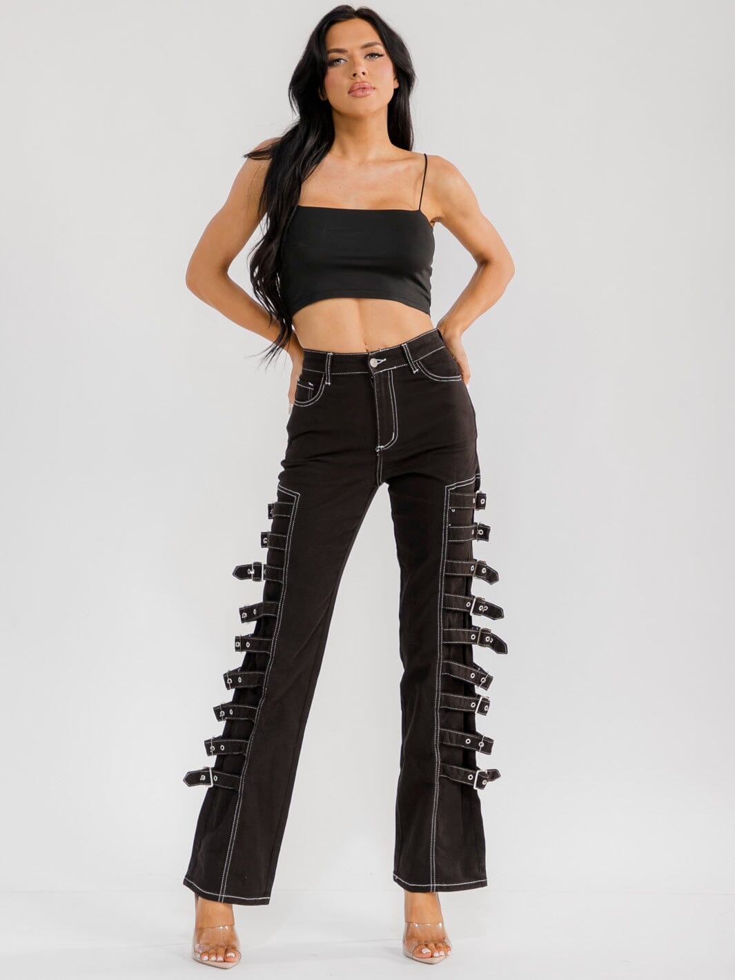 WOMEN'S BUTTON CLOSURE POCKET SIDE BELT STRAIGHT LEG STRETCH DENIM PANTS