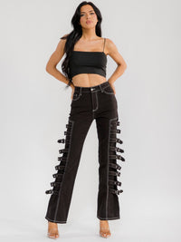WOMEN'S BUTTON CLOSURE POCKET SIDE BELT STRAIGHT LEG STRETCH DENIM PANTS