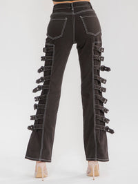 WOMEN'S BUTTON CLOSURE POCKET SIDE BELT STRAIGHT LEG STRETCH DENIM PANTS