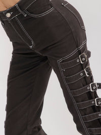 WOMEN'S BUTTON CLOSURE POCKET SIDE BELT STRAIGHT LEG STRETCH DENIM PANTS