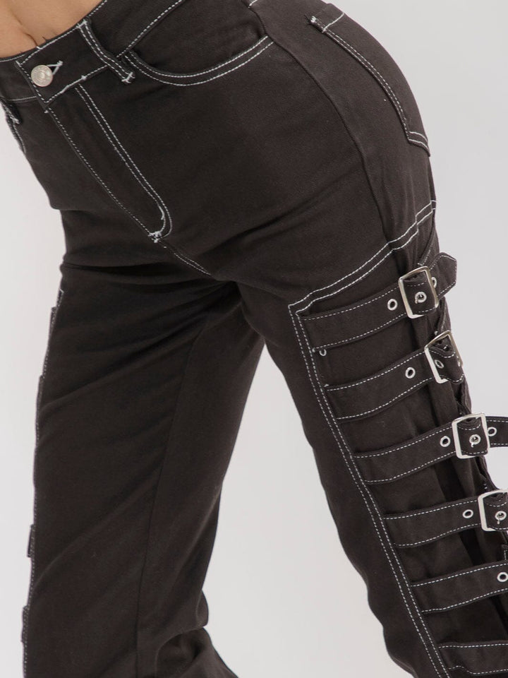WOMEN'S BUTTON CLOSURE POCKET SIDE BELT STRAIGHT LEG STRETCH DENIM PANTS