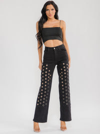 WOMEN'S BUTTON CLOSURE POCKET STRAIGHT LEG STRETCH DENIM PANTS