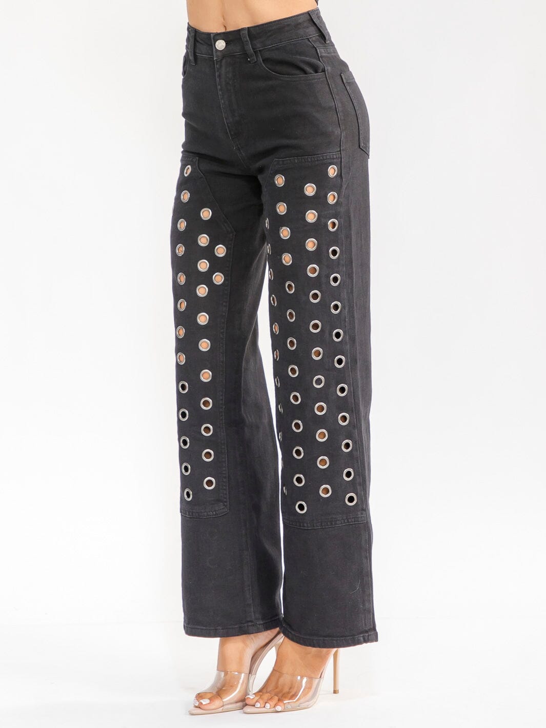 WOMEN'S BUTTON CLOSURE POCKET STRAIGHT LEG STRETCH DENIM PANTS