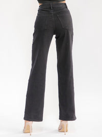 WOMEN'S BUTTON CLOSURE POCKET STRAIGHT LEG STRETCH DENIM PANTS