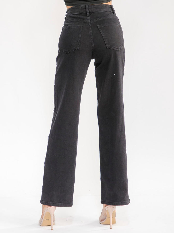 WOMEN'S BUTTON CLOSURE POCKET STRAIGHT LEG STRETCH DENIM PANTS