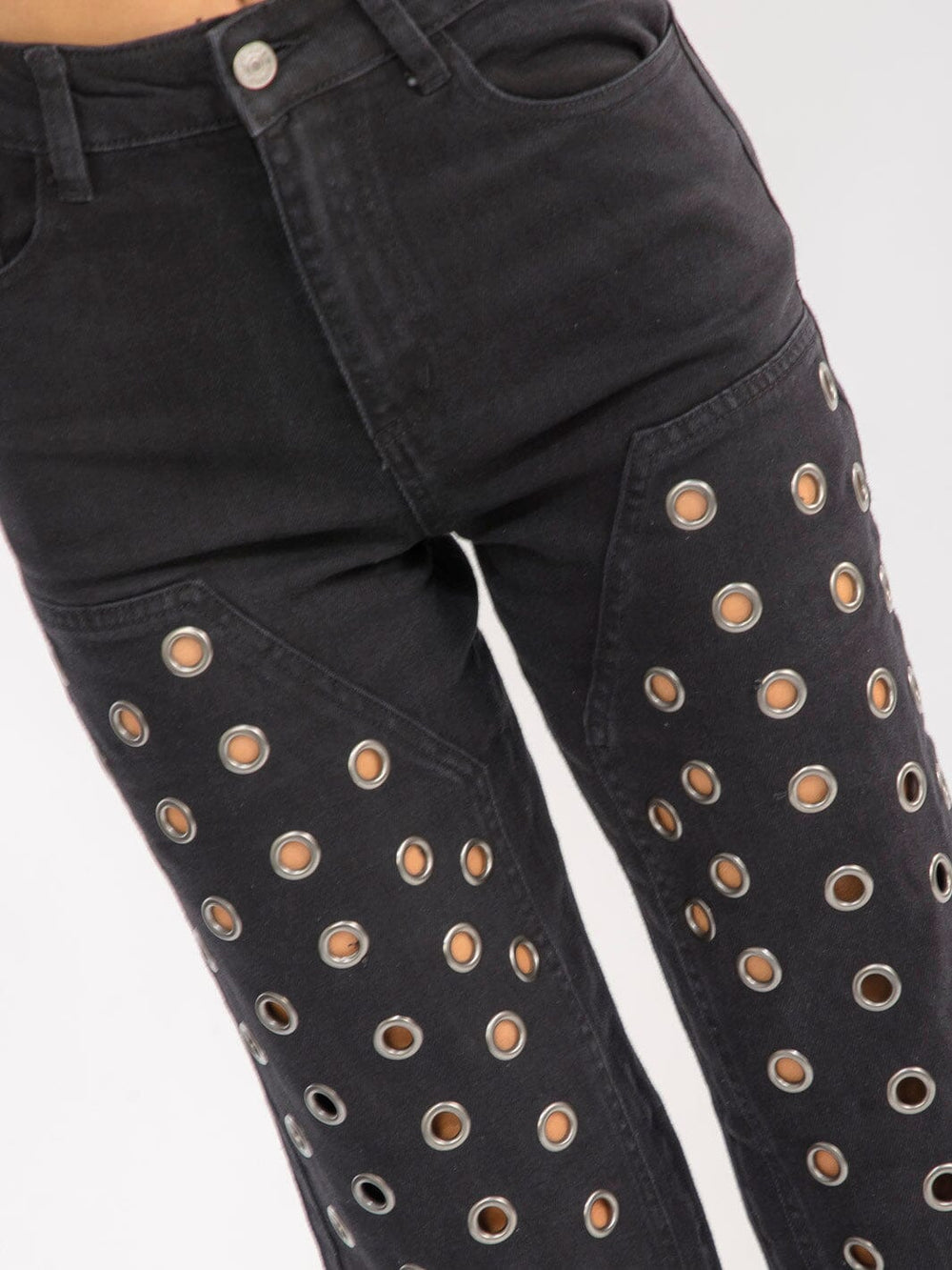 WOMEN'S BUTTON CLOSURE POCKET STRAIGHT LEG STRETCH DENIM PANTS