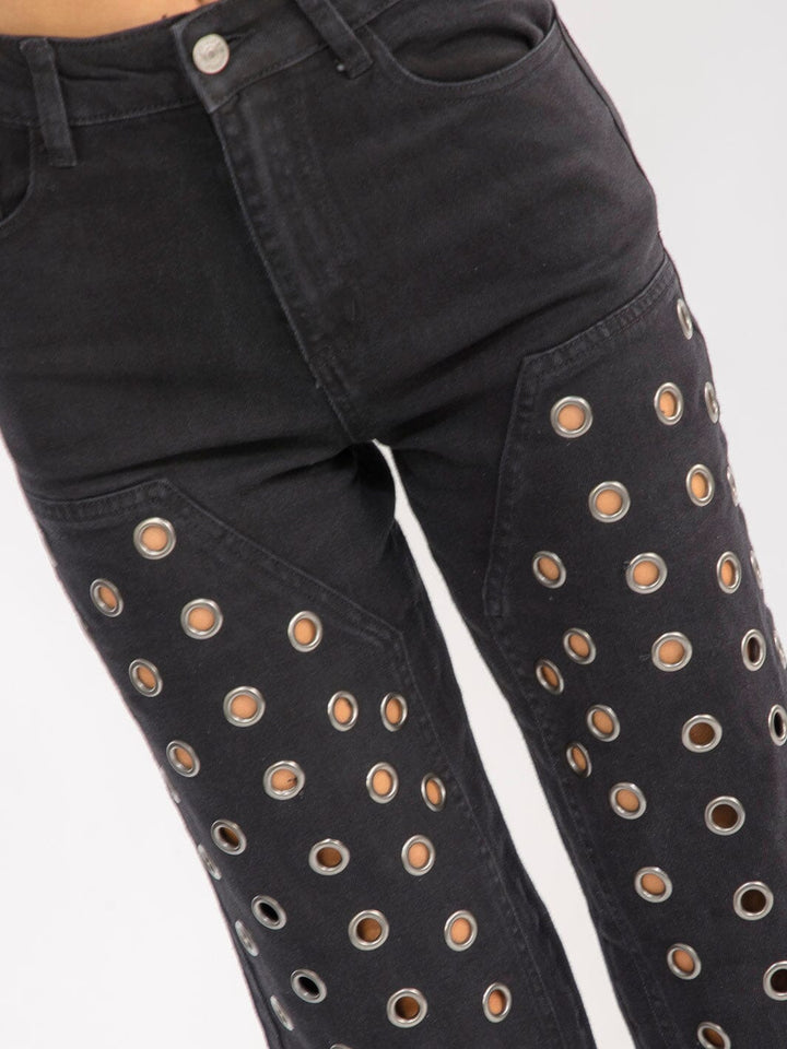 WOMEN'S BUTTON CLOSURE POCKET STRAIGHT LEG STRETCH DENIM PANTS