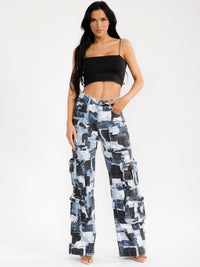 WOMEN'S BUTTON CLOSURE CARGO POCKET WIDE LEG COLORBLOCK DENIM PANTS