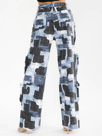 WOMEN'S BUTTON CLOSURE CARGO POCKET WIDE LEG COLORBLOCK DENIM PANTS