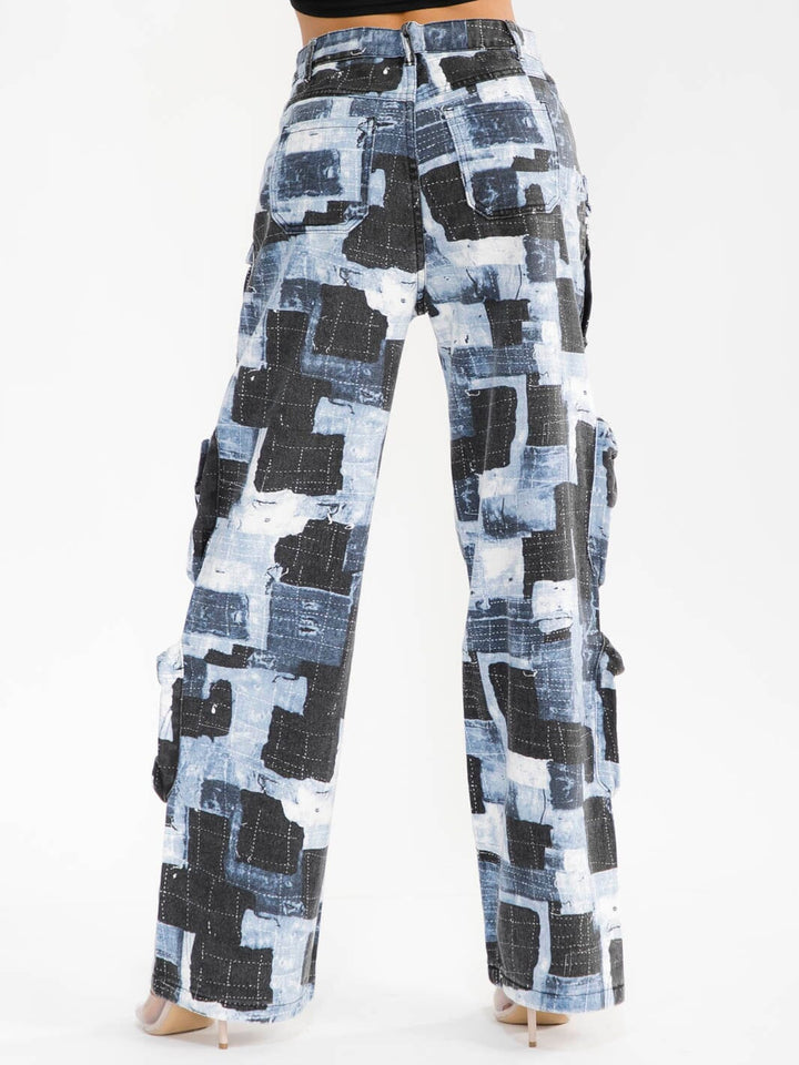 WOMEN'S BUTTON CLOSURE CARGO POCKET WIDE LEG COLORBLOCK DENIM PANTS
