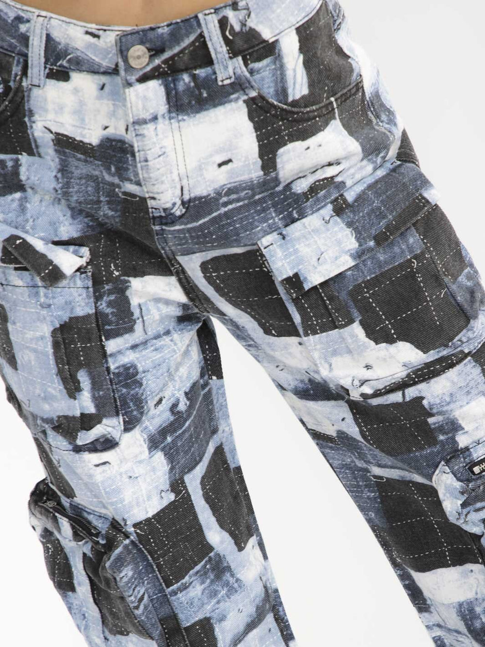 WOMEN'S BUTTON CLOSURE CARGO POCKET WIDE LEG COLORBLOCK DENIM PANTS