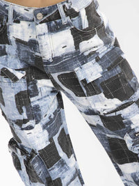 WOMEN'S BUTTON CLOSURE CARGO POCKET WIDE LEG COLORBLOCK DENIM PANTS