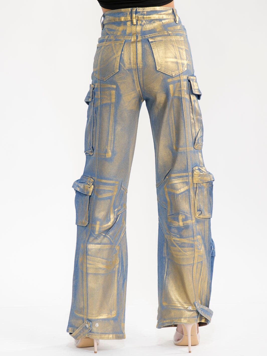 WOMEN'S BUTTON CLOSURE CARGO POCKET WIDE LEG STRETCH DENIM METALLIC PANTS