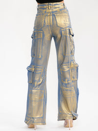 WOMEN'S BUTTON CLOSURE CARGO POCKET WIDE LEG STRETCH DENIM METALLIC PANTS