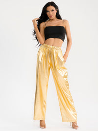 WOMEN'S ELASTIC WAIST FRONT POCKETS WIDE LEG METALLIC PANTS