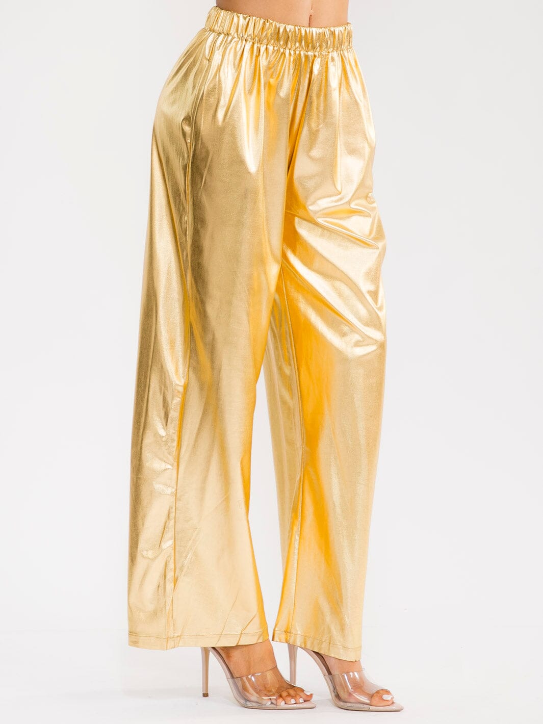 WOMEN'S ELASTIC WAIST FRONT POCKETS WIDE LEG METALLIC PANTS