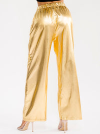 WOMEN'S ELASTIC WAIST FRONT POCKETS WIDE LEG METALLIC PANTS