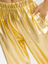 WOMEN'S ELASTIC WAIST FRONT POCKETS WIDE LEG METALLIC PANTS