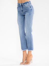 WOMEN'S BUTTON CLOSURE POCKETS STRAIGHT LEG STRETCH DENIM PANTS