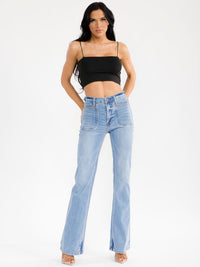 WOMEN'S BUTTON CLOSURE POCKETS BELL LEG STRETCH DENIM PANTS