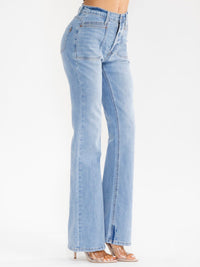 WOMEN'S BUTTON CLOSURE POCKETS BELL LEG STRETCH DENIM PANTS