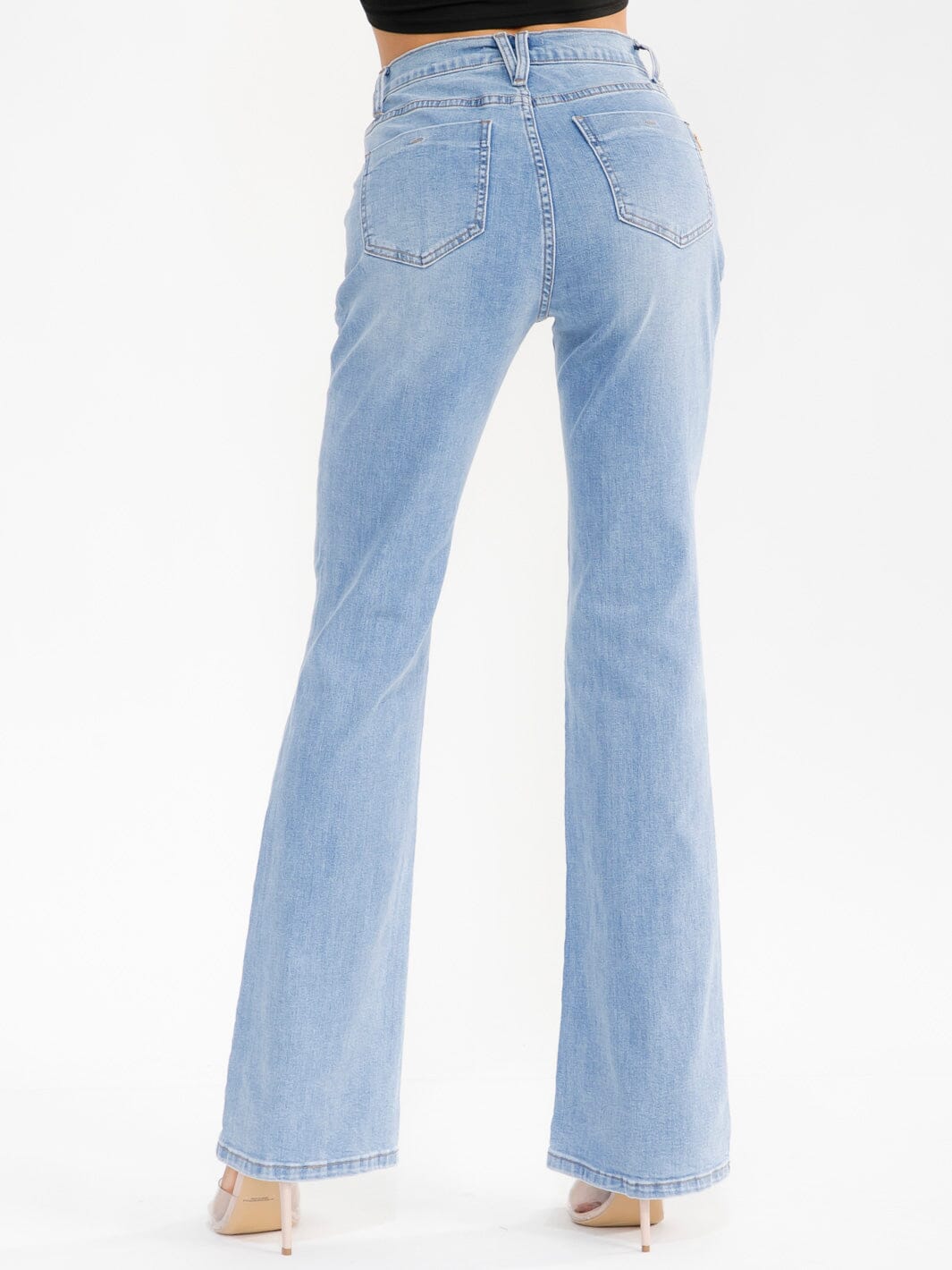 WOMEN'S BUTTON CLOSURE POCKETS BELL LEG STRETCH DENIM PANTS