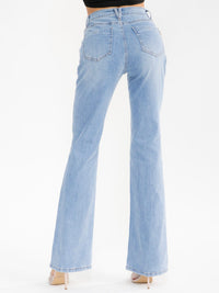 WOMEN'S BUTTON CLOSURE POCKETS BELL LEG STRETCH DENIM PANTS