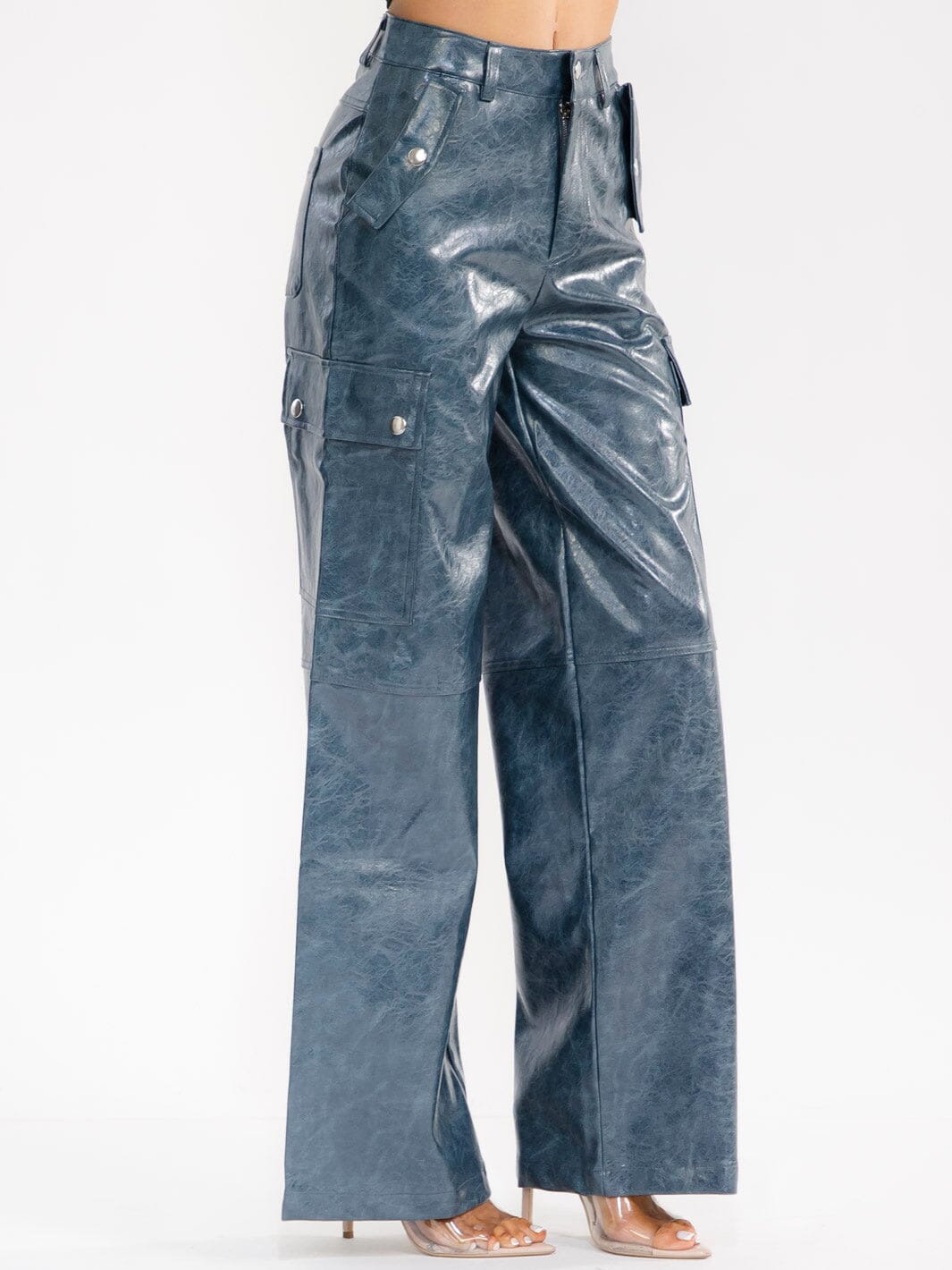 WOMEN'S BUTTON CLOSURE POCKETS WIDE LEG PU PLEATHER PANTS