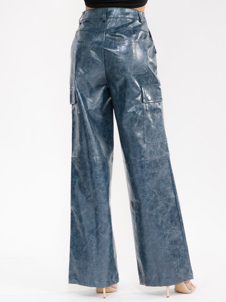 WOMEN'S BUTTON CLOSURE POCKETS WIDE LEG PU PLEATHER PANTS