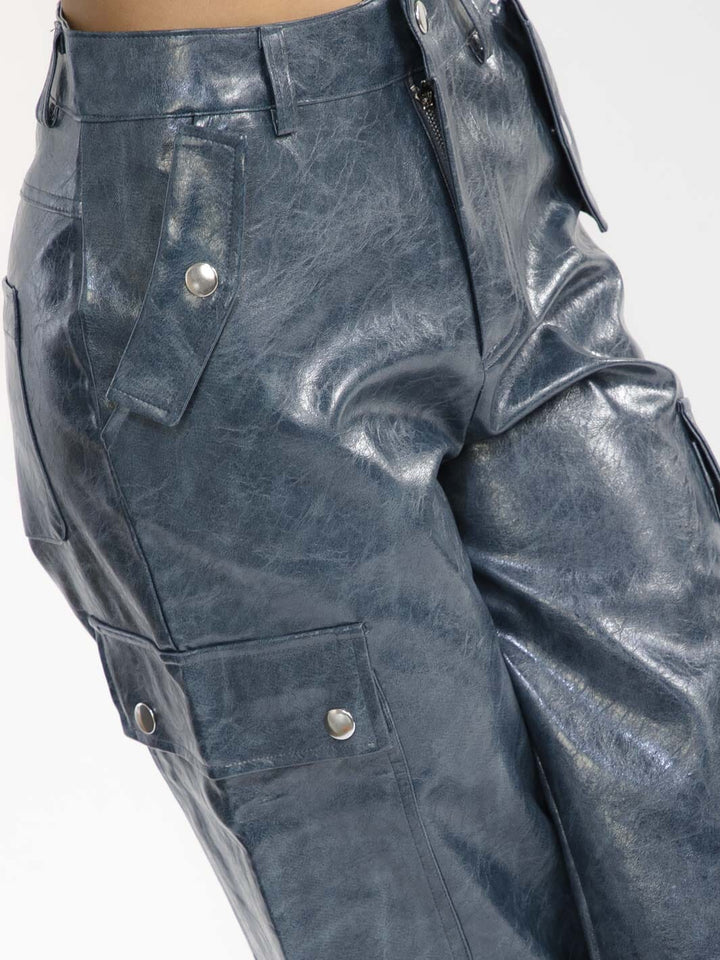 WOMEN'S BUTTON CLOSURE POCKETS WIDE LEG PU PLEATHER PANTS