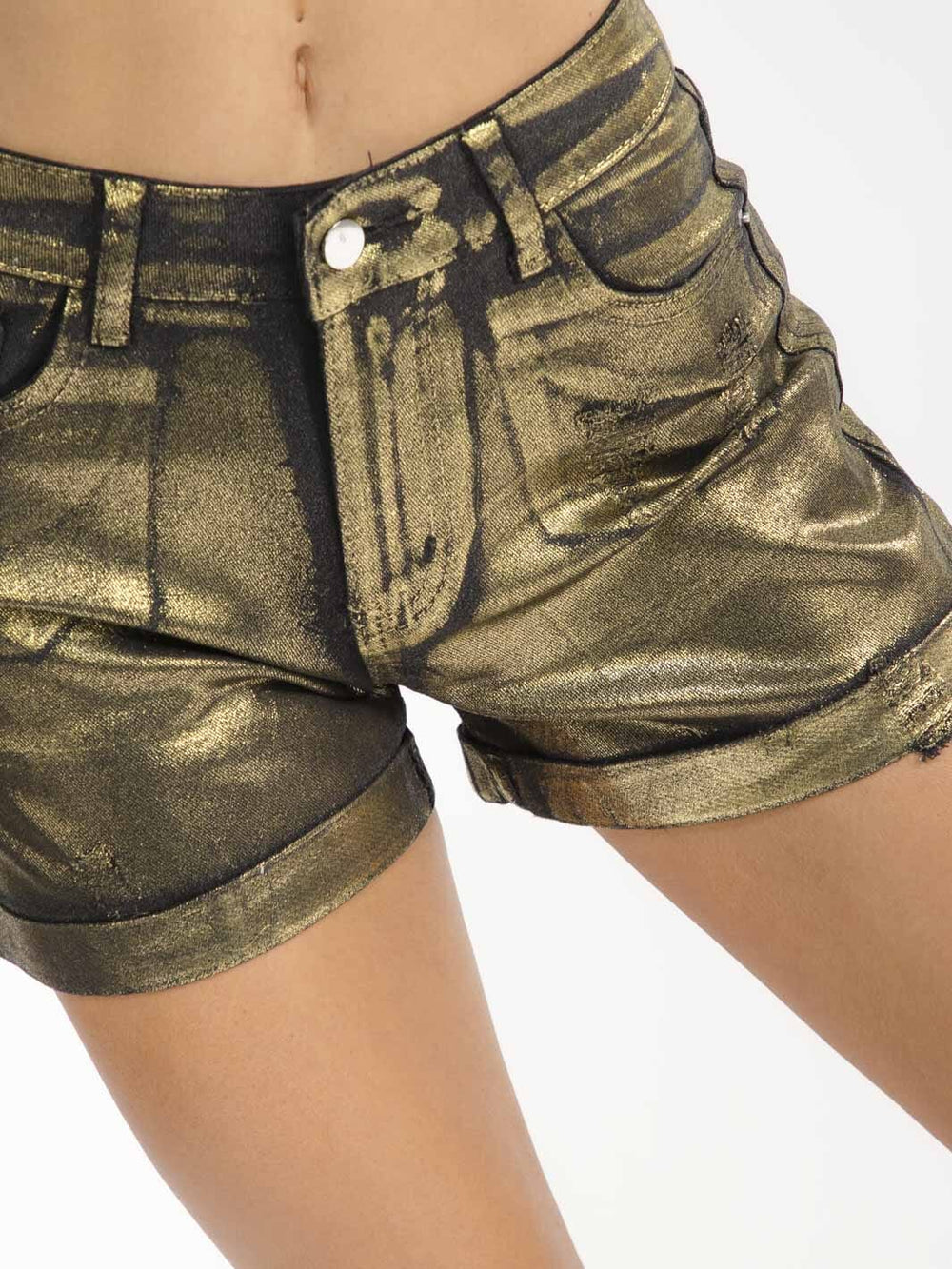 WOMEN'S BUTTON CLOSURE POCKET METALLIC STRETCH SHORTS