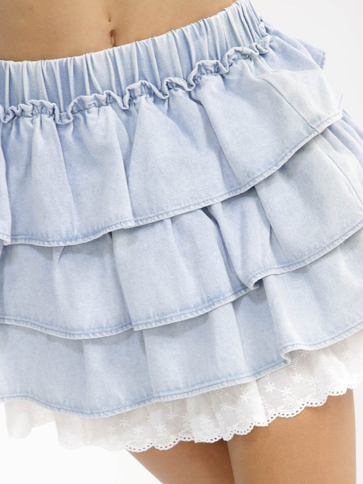 WOMEN'S ELASTIC WAIST TIERED RUFFLE DENIM MINI SKIRT