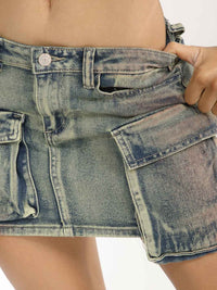 WOMEN'S BUTTON CLOSURE POCKETS WASHED STRETCH DENIM MINI SKIRT
