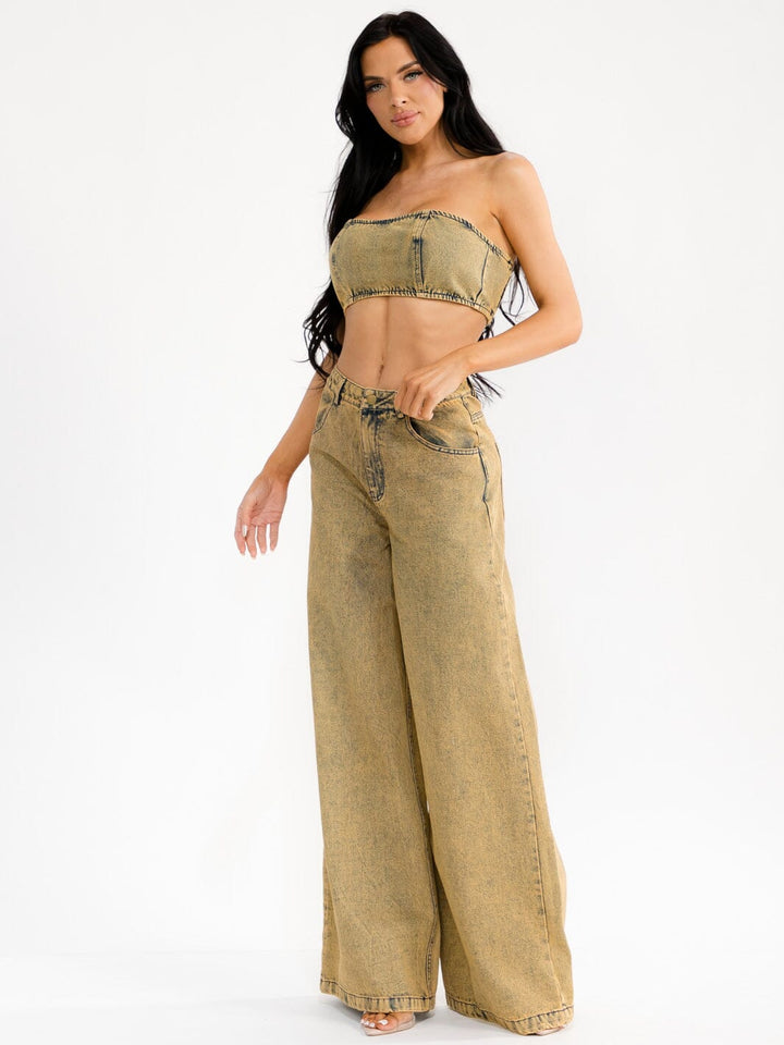 WOMEN'S SLEEVELESS CROP TOP & BUTTON CLOSURE WIDE LEG PANTS WASHED DENIM 2PC. SET